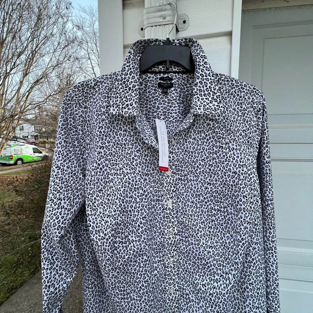 NWT Talbots Fun Gray Black Leopard Wrinkle Resistant Long Sleeve Blouse - Picture 1 of 7